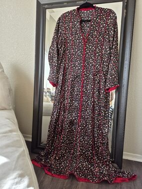 Vintage Black Floral Maxi Dress with Red Trim